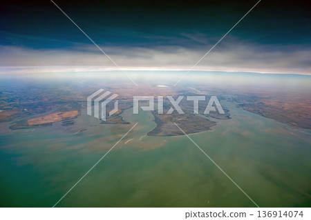 Rio Negro Submerged bay bahia anegada peninsula valdes aerial view panorama from airplane window Rio Negro Submerged bay bahia anegada peninsula valdes aerial view panorama from airplane window 136914074
