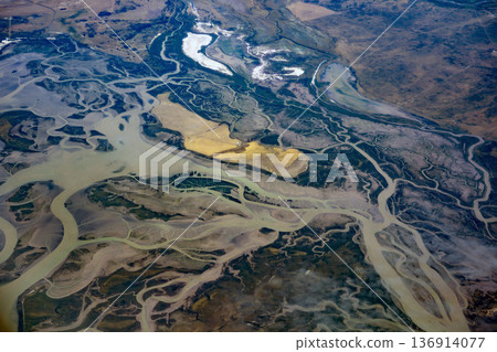 Rio Negro Submerged bay bahia anegada peninsula valdes aerial view panorama from airplane window Rio Negro Submerged bay bahia anegada peninsula valdes aerial view panorama from airplane window 136914077