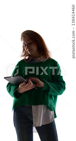 Young woman working on tablet isolated on white background. 136914460