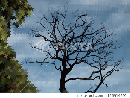 冬季一棵櫻桃樹和千鳥格紋的數位插圖 冬季一棵櫻桃樹和千鳥格紋的數位插圖 136914591