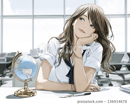 Businesswoman holding a globe and looking to the future. Modern office international business image. AI-generated illustration. 136914678