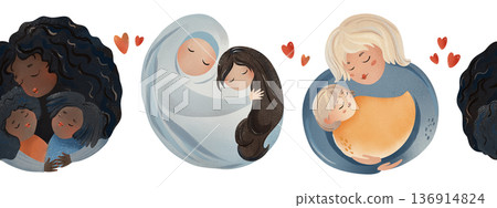 Seamless pattern of diverse mothers hugging children in cute children's illustration style. Loving family embraces with hearts, ideal for Mother's Day, textiles, wallpapers, cards multicultural theme Seamless pattern of diverse mothers hugging children in cute children's illustration style. Loving family embraces with hearts, ideal for Mother's Day, textiles, wallpapers, cards multicultural theme 136914824