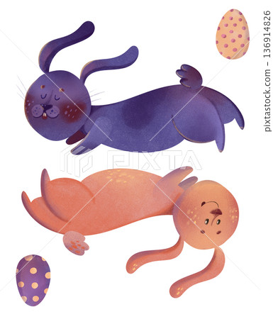 Adorable children's illustration of cute purple and orange bunny playfully jumping rope around a colorful polka-dot Easter egg. Perfect for Easter cards, kids' decor, spring greetings, and nursery art Adorable children's illustration of cute purple and orange bunny playfully jumping rope around a colorful polka-dot Easter egg. Perfect for Easter cards, kids' decor, spring greetings, and nursery art 136914826
