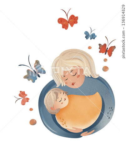 Tender blonde mother cuddling her baby. Loving embrace with flying butterflies. For Mother's Day, baby shower, nursery decor, textiles, wallpaper, kids bedding, baby announcements, greeting cards Tender blonde mother cuddling her baby. Loving embrace with flying butterflies. For Mother's Day, baby shower, nursery decor, textiles, wallpaper, kids bedding, baby announcements, greeting cards 136914829
