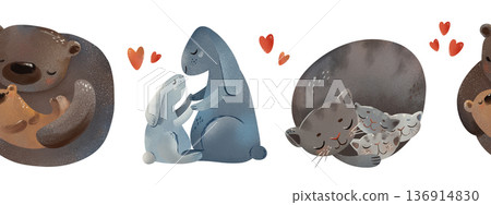 Seamless pattern with cute cuddling animal mothers and babies. Bear with cub, bunny hugging kit, cat family snuggling. Perfect for nursery, baby shower, textiles, wallpaper, kids bedding, fabric, card Seamless pattern with cute cuddling animal mothers and babies. Bear with cub, bunny hugging kit, cat family snuggling. Perfect for nursery, baby shower, textiles, wallpaper, kids bedding, fabric, card 136914830