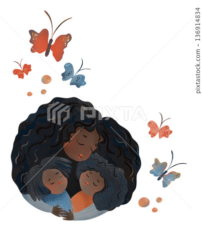 Tender Black mother with curly hair hugging her daughter and son. Loving family embrace with flying butterflies. Ideal for Mother's Day, nursery, baby shower, textiles, wallpaper, kids bedding Tender Black mother with curly hair hugging her daughter and son. Loving family embrace with flying butterflies. Ideal for Mother's Day, nursery, baby shower, textiles, wallpaper, kids bedding 136914834