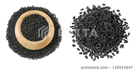 Nigella sativa or Black cumin in wooden bowl isolated on white background. Top view. Flat lay Nigella sativa or Black cumin in wooden bowl isolated on white background. Top view. Flat lay 136914847