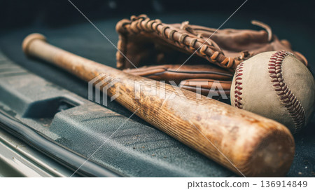 Vintage baseball bat, leather glove and ball on bench, close-up of classic American sports equipment Vintage baseball bat, leather glove and ball on bench, close-up of classic American sports equipment 136914849