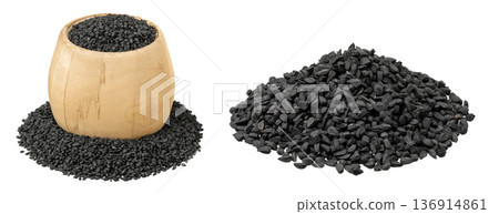 Nigella sativa or Black cumin in wooden bowl isolated on white background Nigella sativa or Black cumin in wooden bowl isolated on white background 136914861