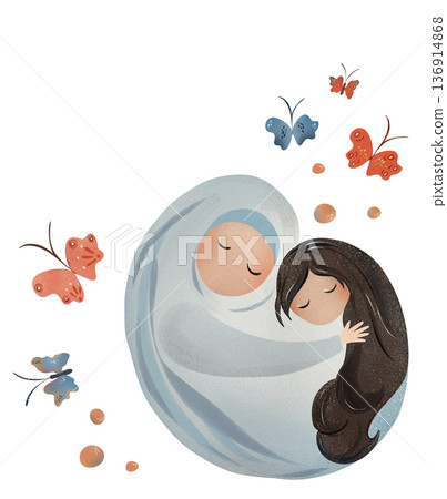 Tender Muslim mother in hijab hugging her daughter, sweet embrace with flying butterflies. Ideal for Mother's Day, baby shower, nursery decor, textiles, wallpaper, greeting cards, Islamic family print Tender Muslim mother in hijab hugging her daughter, sweet embrace with flying butterflies. Ideal for Mother's Day, baby shower, nursery decor, textiles, wallpaper, greeting cards, Islamic family print 136914868