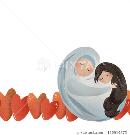 Seamless pattern Muslim mother in hijab hugging her daughter, sweet embrace with floating hearts. Multicultural family. For Mother's Day, baby shower, wallpaper, greeting cards, Islamic family prints Seamless pattern Muslim mother in hijab hugging her daughter, sweet embrace with floating hearts. Multicultural family. For Mother's Day, baby shower, wallpaper, greeting cards, Islamic family prints 136914875