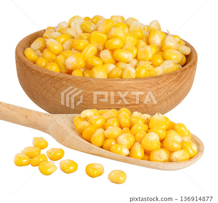corn seeds in wooden bowl and spoon isolated on white background with full depth of field 136914877