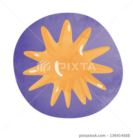 cheerful watercolor sun with playful rays on soft purple background. Ideal for kids decor, nursery, baby shower, summer, sunshine themes, textiles, wallpaper, fabric, greeting cards, playful prints 136914888
