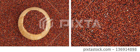 red quinoa seeds in wooden bowl as a background. Top view. Flat lay red quinoa seeds in wooden bowl as a background. Top view. Flat lay 136914898