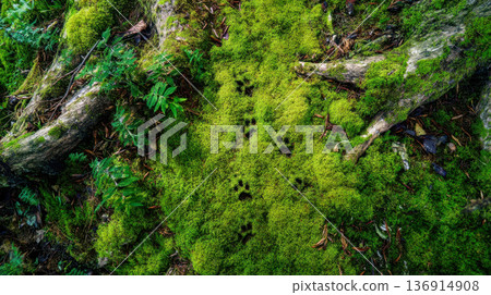Aerial view of lush green moss with faint animal paw prints, the texture of the forest floor with fallen branches and ferns 136914908