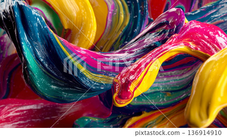 Vibrant liquid paint swirls in three dimensions, dynamic ribbons of glossy color in abstract movement Vibrant liquid paint swirls in three dimensions, dynamic ribbons of glossy color in abstract movement 136914910