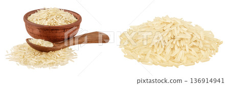 rice basmati in a ceramic bowl and wooden spoon isolated on white background 136914941