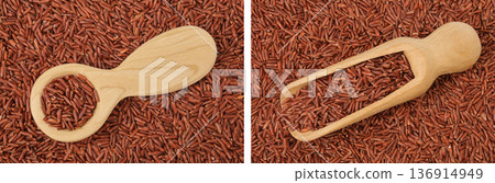 red rice in a wooden spoon and scoop as a background. Top view. Flat lay 136914949