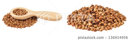 Raw buckwheat in wooden spoon isolated on white background 136914956