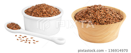 flaxseed in ceramic and wooden bowl isolated on white background. Top view. Flat lay flaxseed in ceramic and wooden bowl isolated on white background. Top view. Flat lay 136914970
