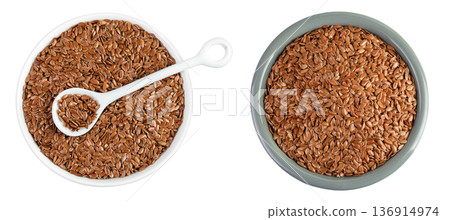 flaxseed in ceramic bowl isolated on white background. Top view. Flat lay 136914974
