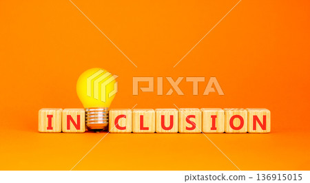 Inclusion symbol. Concept words Inclusion on beautiful wooden blocks. Beautiful orange background. Beautiful yellow light bulb. Business support inclusion concept. Copy space. Inclusion symbol. Concept words Inclusion on beautiful wooden blocks. Beautiful orange background. Beautiful yellow light bulb. Business support inclusion concept. Copy space. 136915015