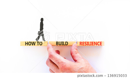 How to build resilience symbol. Concept words How to build resilience on beautiful wooden blocks. Beautiful white background. Businesswoman's icon. Business how to build resilience concept. Copy space 136915033