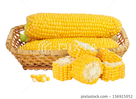 ear of corn in a wicker basket isolated on a white background with full depth of field ear of corn in a wicker basket isolated on a white background with full depth of field 136915052