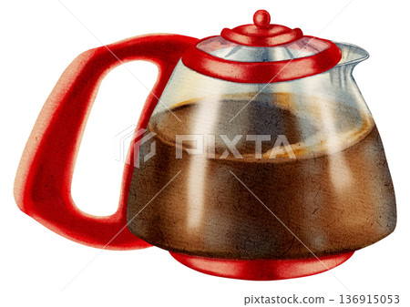 Hand painted watercolor illustration of a glass coffee pot with red handle. Illustrations for coffee shops, cafes, packaging, menus. 136915053