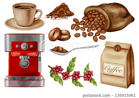 Watercolor coffee set with espresso machine, cup, beans, ground coffee and coffee bag. Hand-drawn artwork great for shops, cafes, packaging, menu and branding projects. 136915061