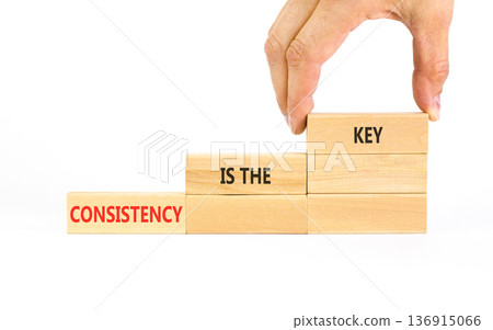 Consistency is the key symbol. Concept words Consistency is the key on beautiful wooden blocks. Beautiful white background. Businessman's hand. Business consistency is the key concept. Copy space. 136915066