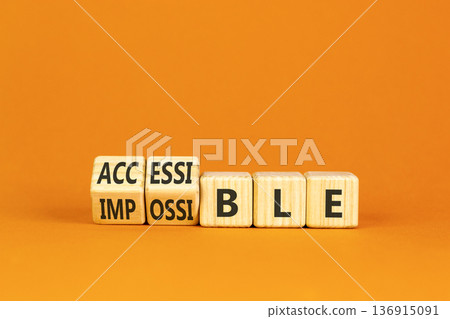 Accessible or impossible symbol. Concept words Accessible or Impossible on beautiful wooden blocks. Beautiful orange table orange background. Business accessible or impossible concept. Copy space. Accessible or impossible symbol. Concept words Accessible or Impossible on beautiful wooden blocks. Beautiful orange table orange background. Business accessible or impossible concept. Copy space. 136915091