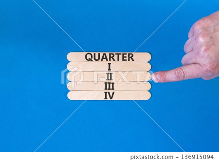 2nd second quarter 2 symbol. Concept word Quarter 2 on beautiful wooden sticks. Beautiful blue background. Businessman's hand. Business, happy 2nd second quarter 2 Q2 concept. Copy space. 136915094