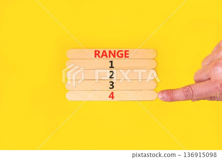 Time to range 4 symbol. Concept word Range 1 2 3 4 on beautiful wooden sticks. Businessman's hand. Beautiful yellow background. Business planning and time to range 4 concept. Copy space. 136915098