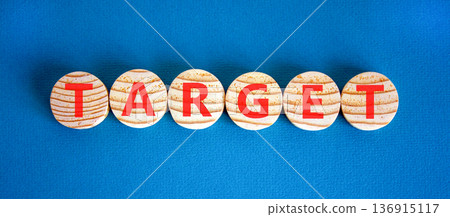 Target word symbol. Concept word Target on beautiful wooden circles. Beautiful blue background. Business target word concept. Copy space. Target word symbol. Concept word Target on beautiful wooden circles. Beautiful blue background. Business target word concept. Copy space. 136915117