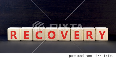 Recovery word symbol. Concept word Recovery on beautiful wooden blocks. Beautiful black background. Business medical support help recovery word concept. Copy space. Recovery word symbol. Concept word Recovery on beautiful wooden blocks. Beautiful black background. Business medical support help recovery word concept. Copy space. 136915150