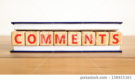Comments comment word symbol. Concept word Comments on beautiful wooden blocks in book. Beautiful wooden table white background. Business support help comments comment word concept. Copy space. Comments comment word symbol. Concept word Comments on beautiful wooden blocks in book. Beautiful wooden table white background. Business support help comments comment word concept. Copy space. 136915161