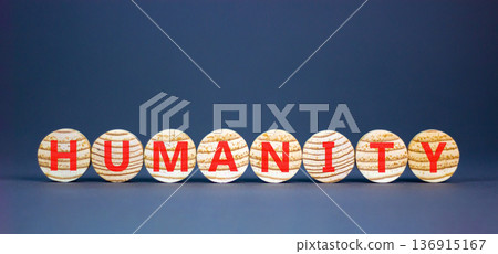 Humanity word symbol. Concept word Humanity on beautiful wooden circles. Beautiful grey background. Business support help humanity word concept. Copy space. Humanity word symbol. Concept word Humanity on beautiful wooden circles. Beautiful grey background. Business support help humanity word concept. Copy space. 136915167