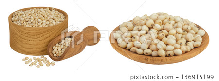Sorghum seeds in wooden bowl and scoop isolated on white background with full depth of field. Sorghum seeds in wooden bowl and scoop isolated on white background with full depth of field. 136915199