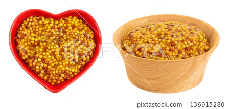 Bowl with french mustard isolated on white background with full depth of field. Top view. Flat lay. 136915280
