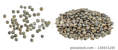 raw french green lentils isolated on white background with full depth of field raw french green lentils isolated on white background with full depth of field 136915285