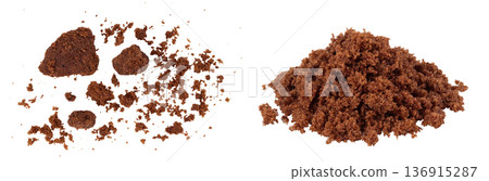 Dark muscovado sugar or Barbados sugar isolated on white background. Top view. Flat lay Dark muscovado sugar or Barbados sugar isolated on white background. Top view. Flat lay 136915287