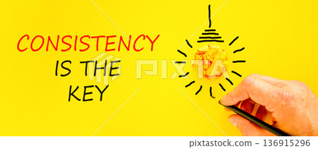 Consistency is the key symbol. Concept words Consistency is the key on beautiful yellow paper. Beautiful yellow background. Businessman's hand. Business consistency is the key concept. Copy space. Consistency is the key symbol. Concept words Consistency is the key on beautiful yellow paper. Beautiful yellow background. Businessman's hand. Business consistency is the key concept. Copy space. 136915296