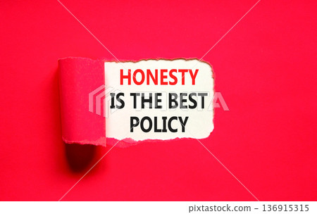 Honesty is the best policy symbol. Concept words Honesty is the best policy on beautiful white paper. Beautiful red paper background. Business honesty is the best policy concept. Copy space. Honesty is the best policy symbol. Concept words Honesty is the best policy on beautiful white paper. Beautiful red paper background. Business honesty is the best policy concept. Copy space. 136915315