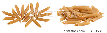 Wolegrain penne pasta from durum wheat isolated on white background with full depth of field. Top view. Flat lay, Wolegrain penne pasta from durum wheat isolated on white background with full depth of field. Top view. Flat lay, 136915349