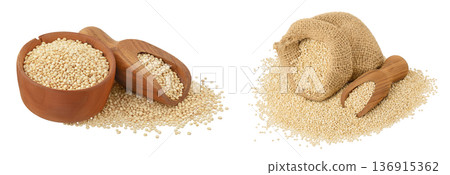 white quinoa seeds in wooden bowl and bag isolated on white background with full depth of field 136915362