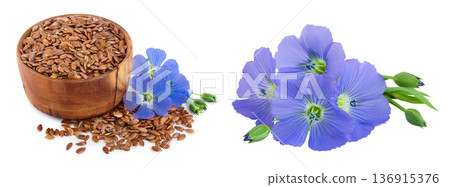 flax seeds in wooden bowl with flower isolated on white background flax seeds in wooden bowl with flower isolated on white background 136915376