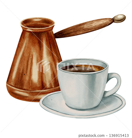 Hand-painted Watercolor illustration coffee set with cezve, cup and beans. Illustrations for coffee shops, cafes, packaging, menus, and product design. Hand-painted Watercolor illustration coffee set with cezve, cup and beans. Illustrations for coffee shops, cafes, packaging, menus, and product design. 136915413