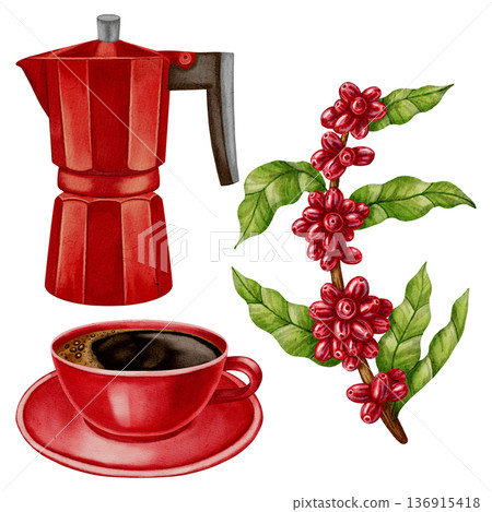Watercolor coffee set with pot, cup, beans and coffee plant branch. Hand-drawn illustration perfect for shops, cafes, packaging, menus and branding designs 136915418