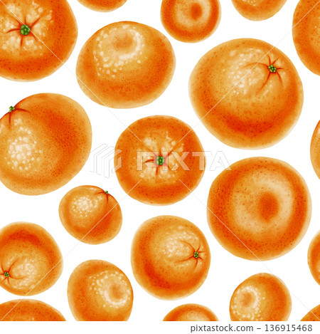 Seamless watercolor pattern featuring exotic fruits - fresh tangerines. The vibrant orange citrus fruits are hand-drawn. Suitable for textiles, wallpaper, winter holiday designs, packaging, recipes 136915468